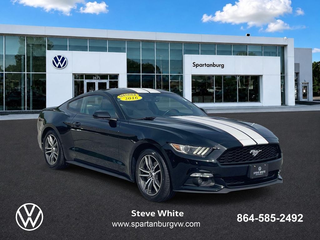 2016 Ford Mustang EcoBoost in Shadow Black — front three-quarter view